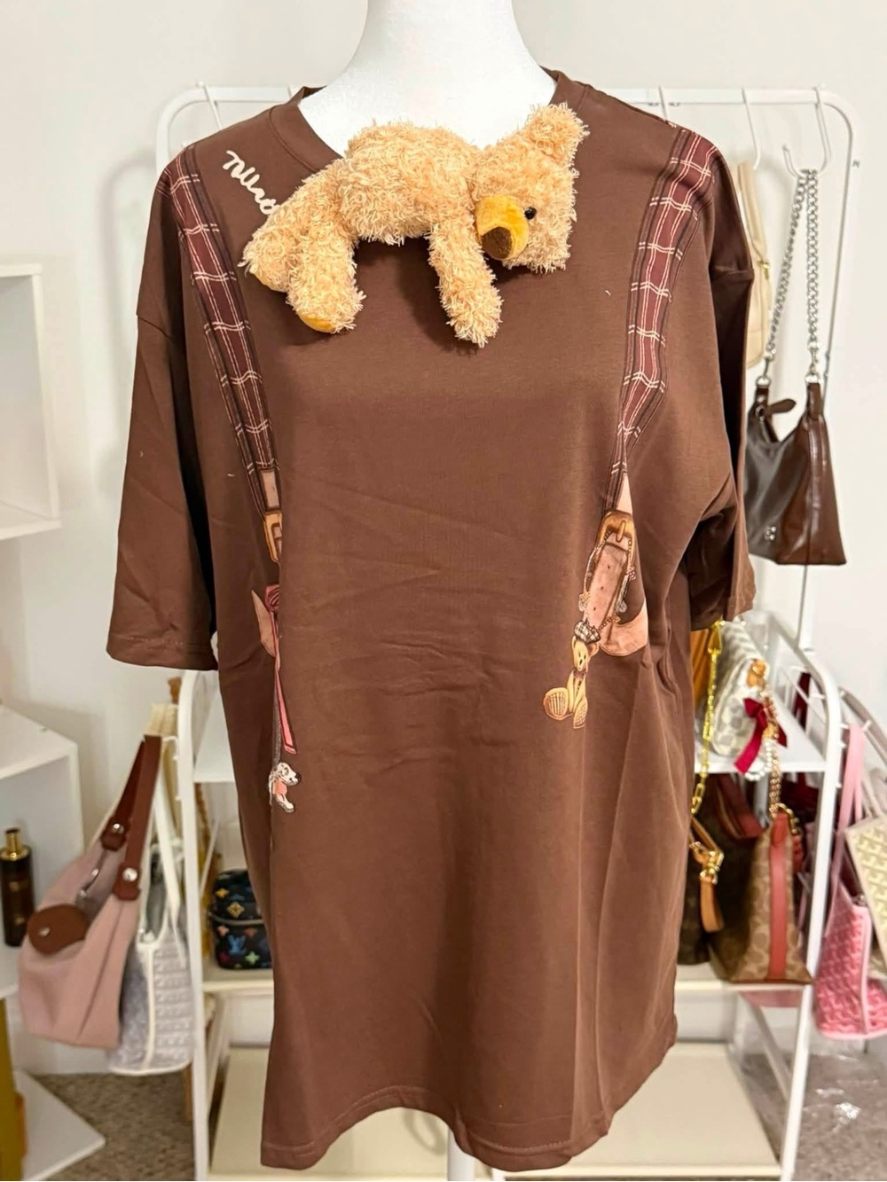 Girls Brown Graphic Teddy Shirt With Bear